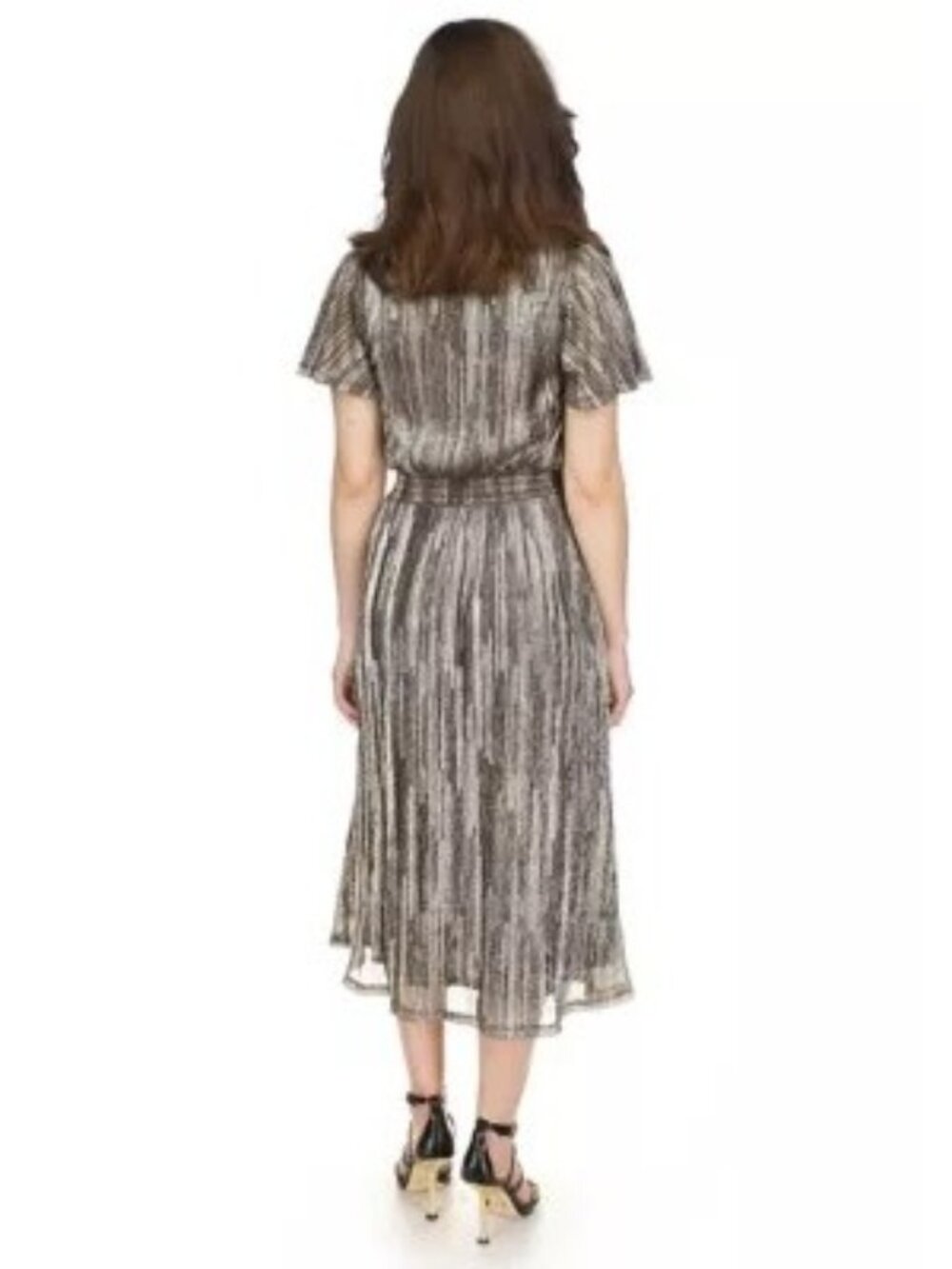 Michael Kors Women's Smocked Plisse Midi Dress Black Gold Small  NWT